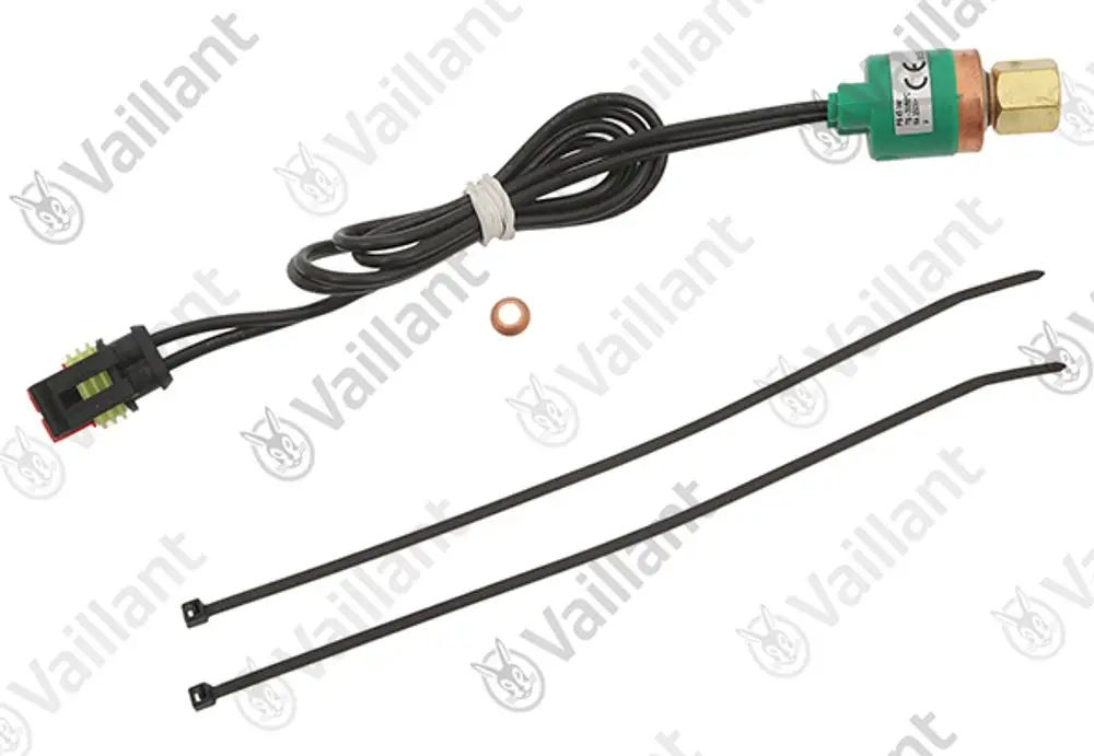 Vaillant Druckwächter mit Kabel, Anschlussstecker und zwei Kabelbindern. Besitzt eine Kupfer- und Gummidichtungskomponente.